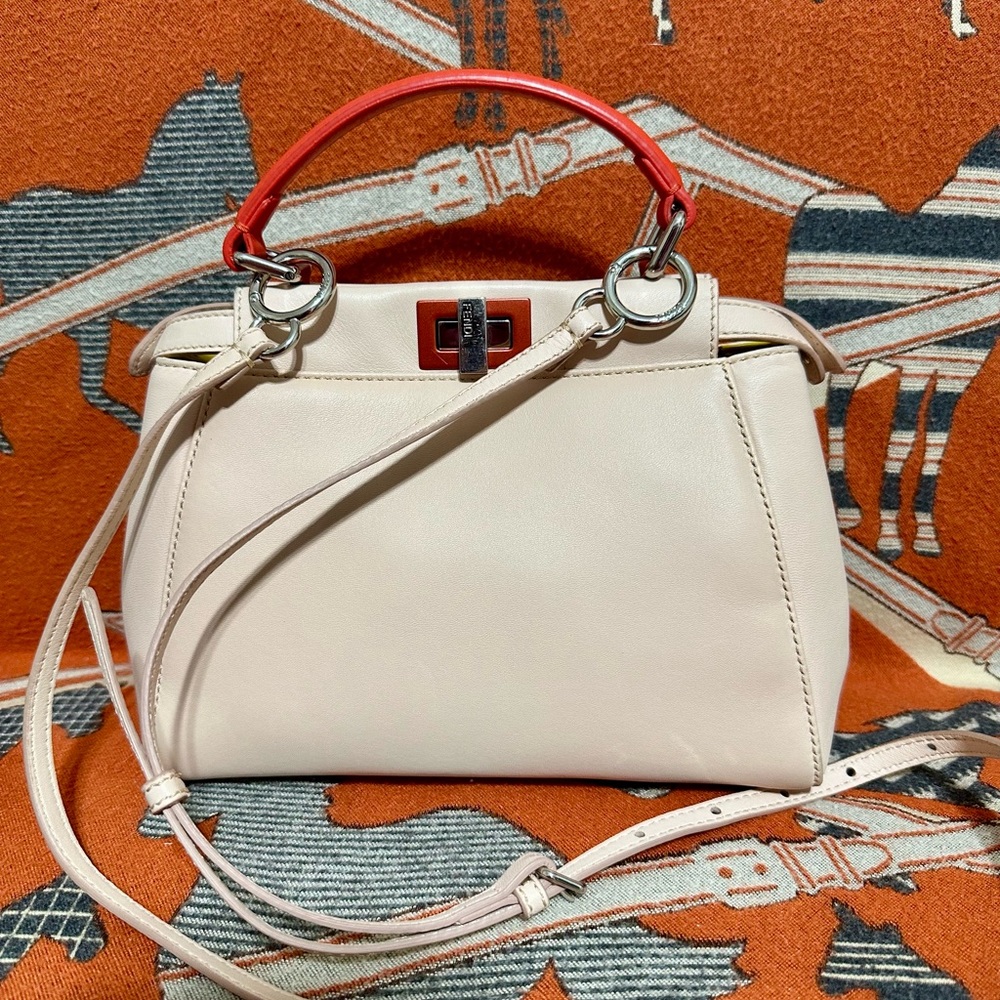 Fendi Peekaboo Cream/blush Leather Satchel with Red Handle and Silver Hardware